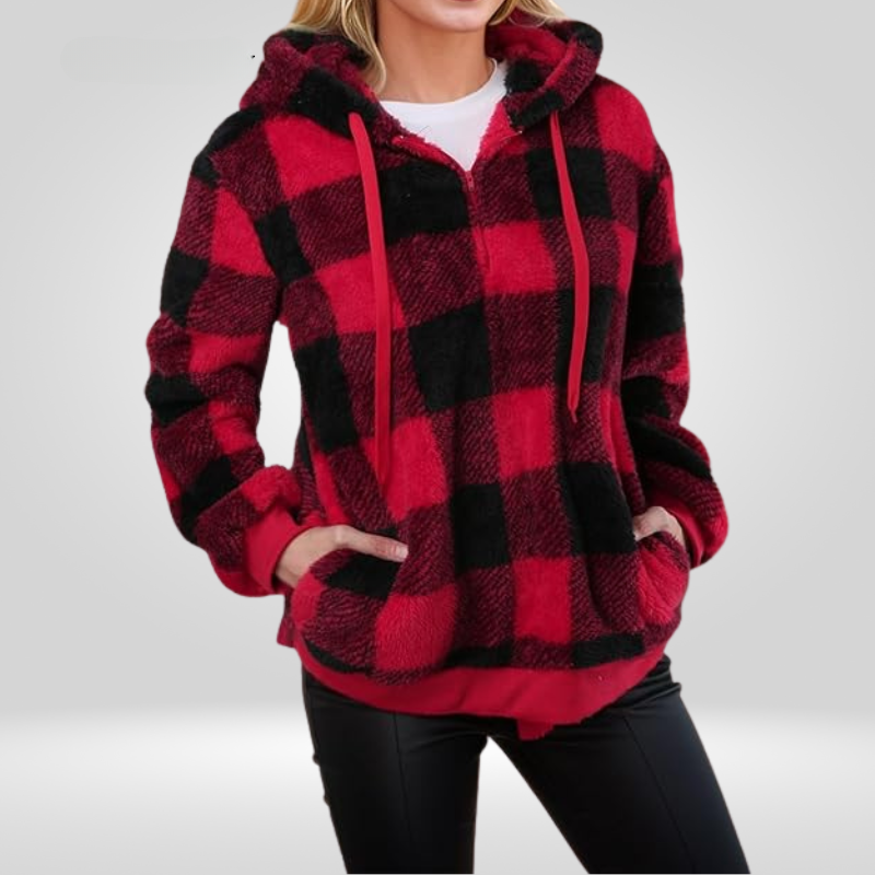 Sweat à capuche femme – Maille douce – Coupe décontractée – Motif carreaux – Demi-zip