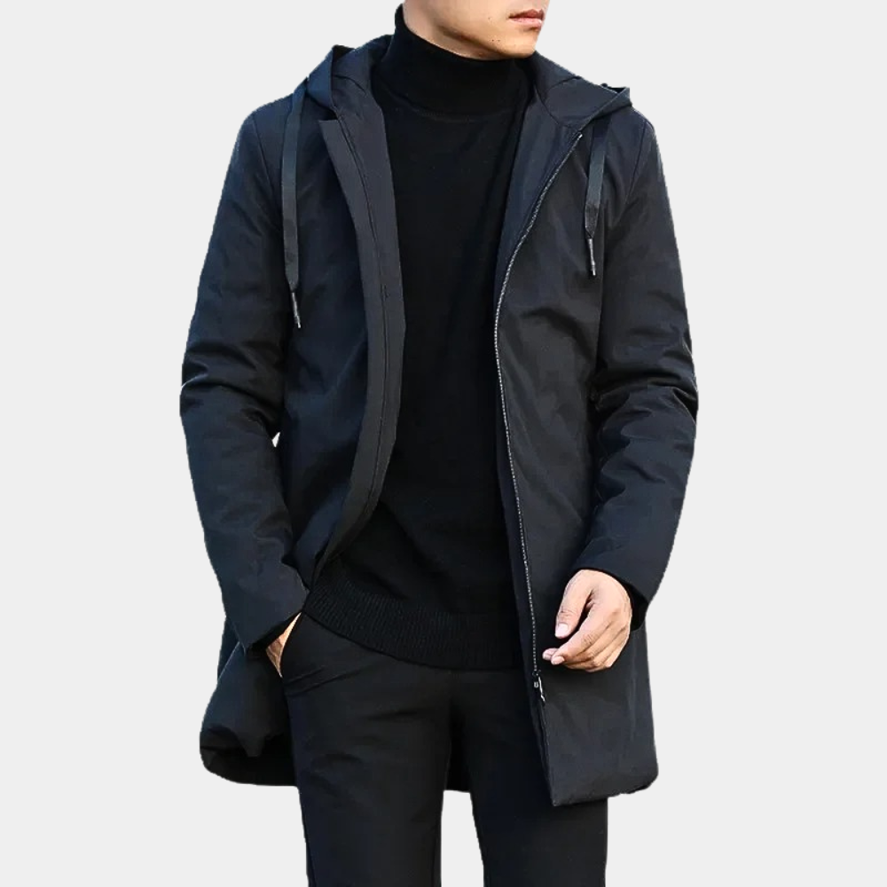 Manteau long homme – Coupe ample – Capuche – Fermeture zippée – Résistant au vent
