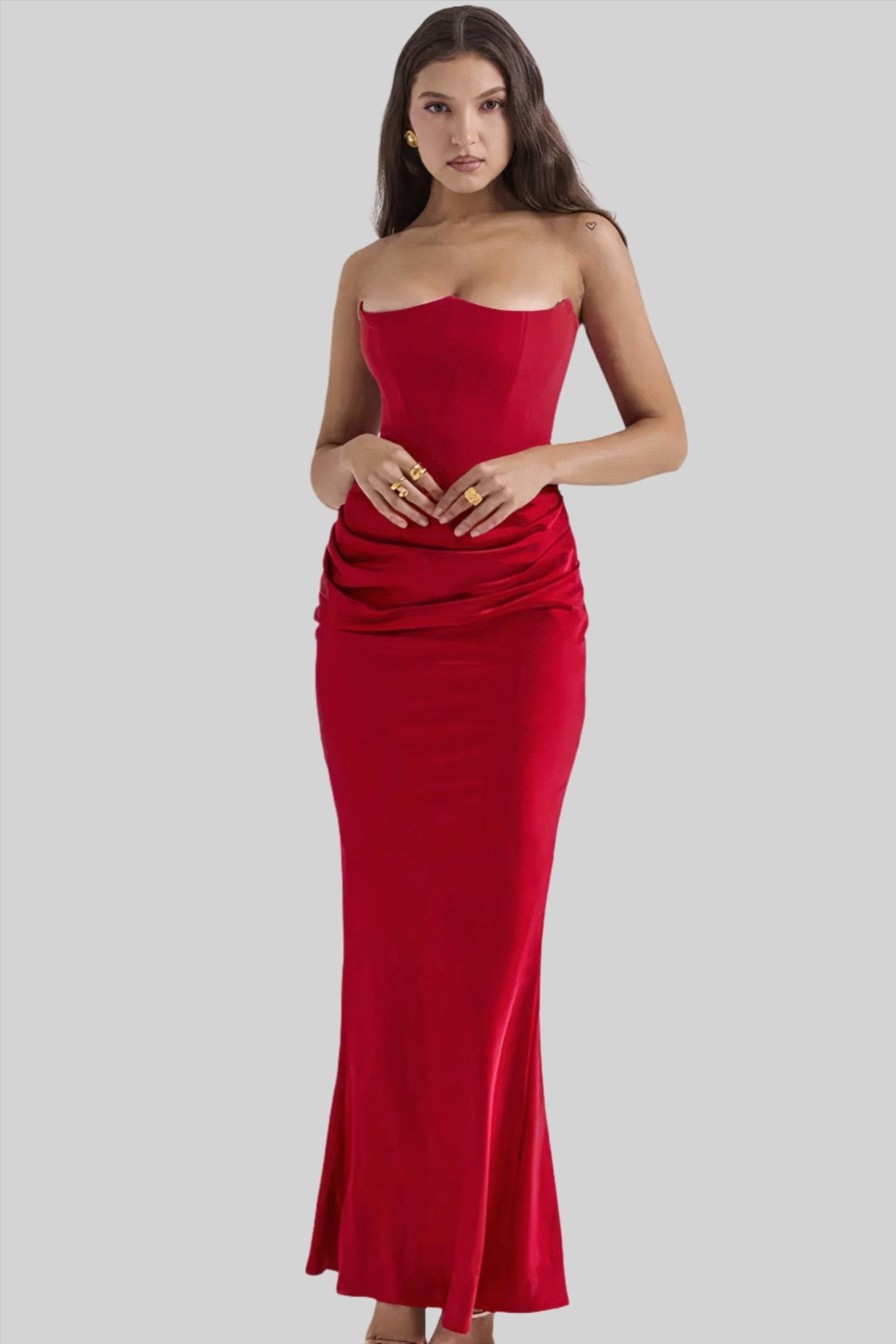 Robe Longue Femme – Sans Bretelles – Tissu Satiné – Coupe Drapée Élégante