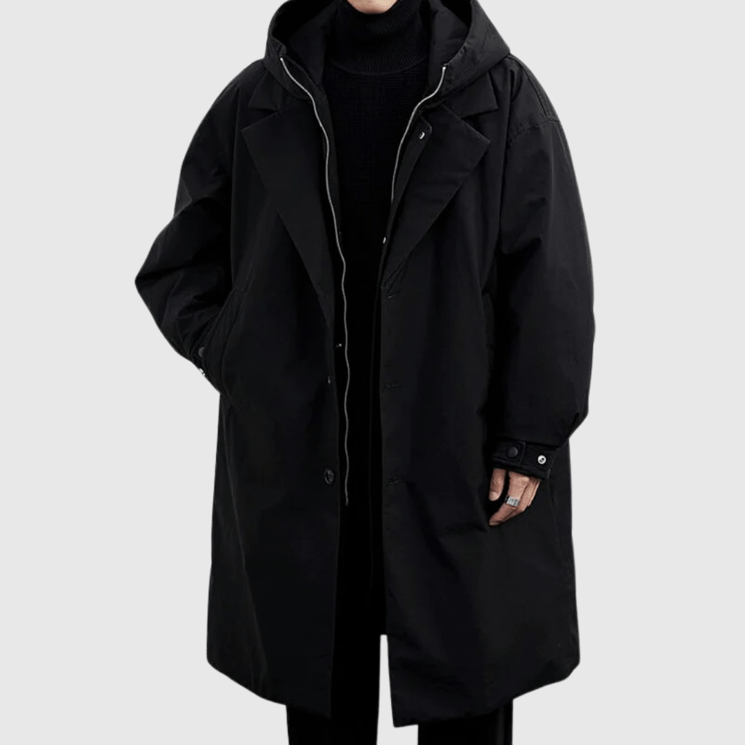 Manteau homme – Coupe oversize – Imperméable – Capuche – Longueur genou – Poignets ajustables