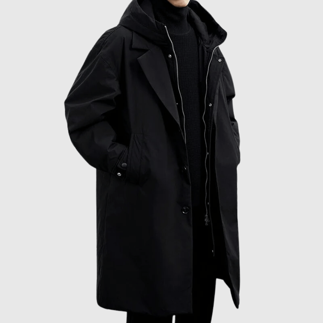 Manteau homme – Coupe oversize – Imperméable – Capuche – Longueur genou – Poignets ajustables