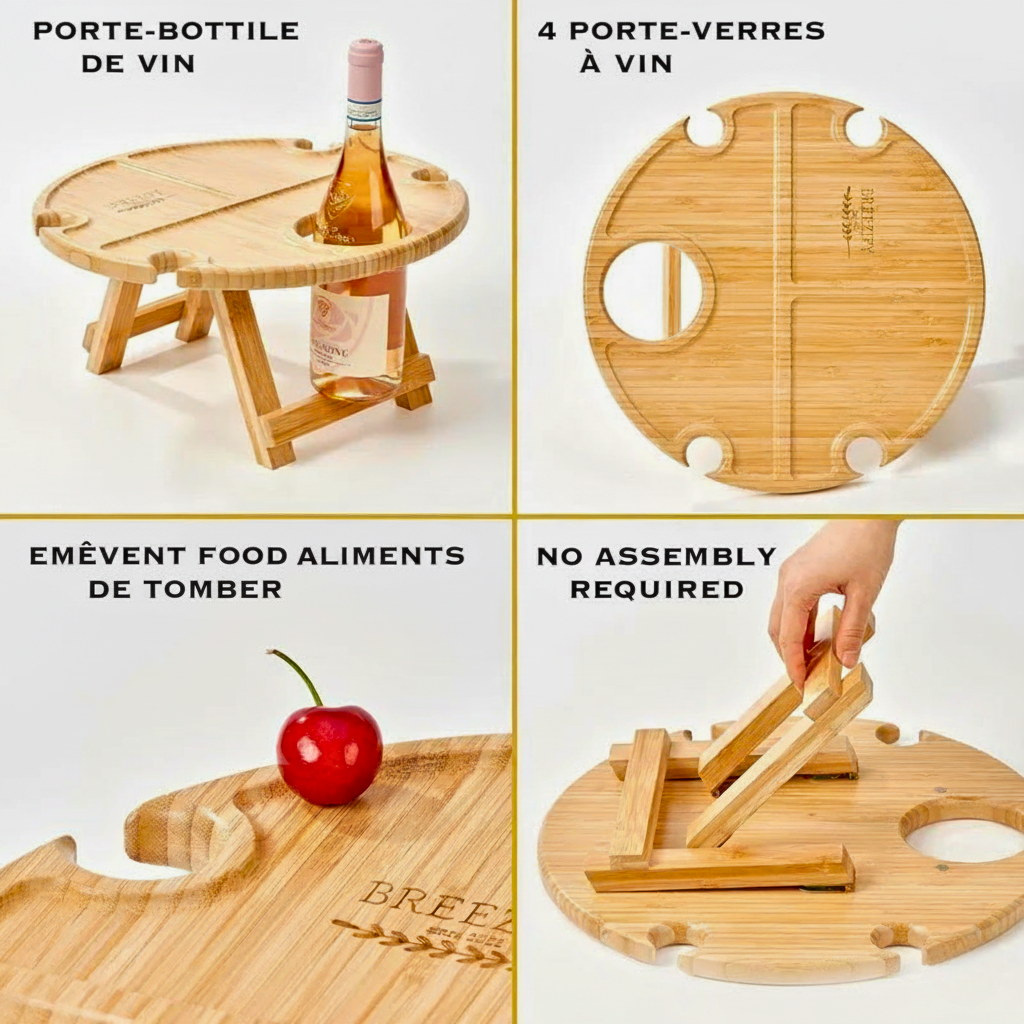 Table Pliante de Sommelier en Bois Nordique Avec Fentes pour Bouteilles