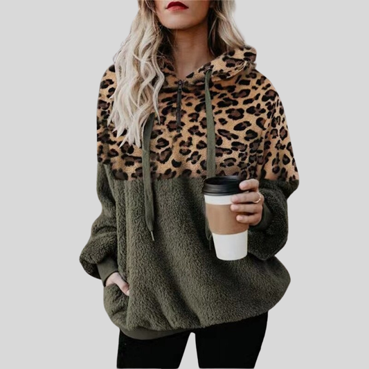Nora - Sweat à capuche décontracté en peluche de couleur unie avec poche et imprimé léopard