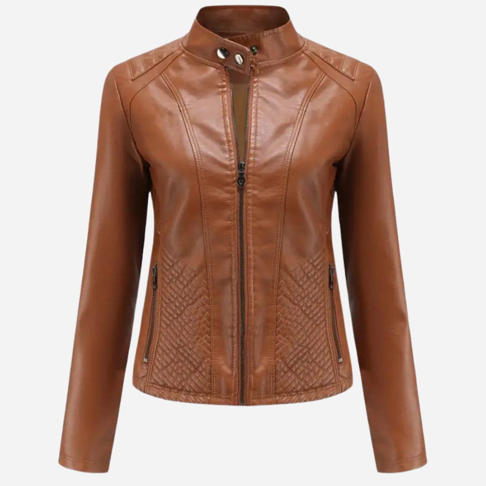 Veste en cuir femme – Coupe slim – Col montant – Panneaux matelassés – Zips poches