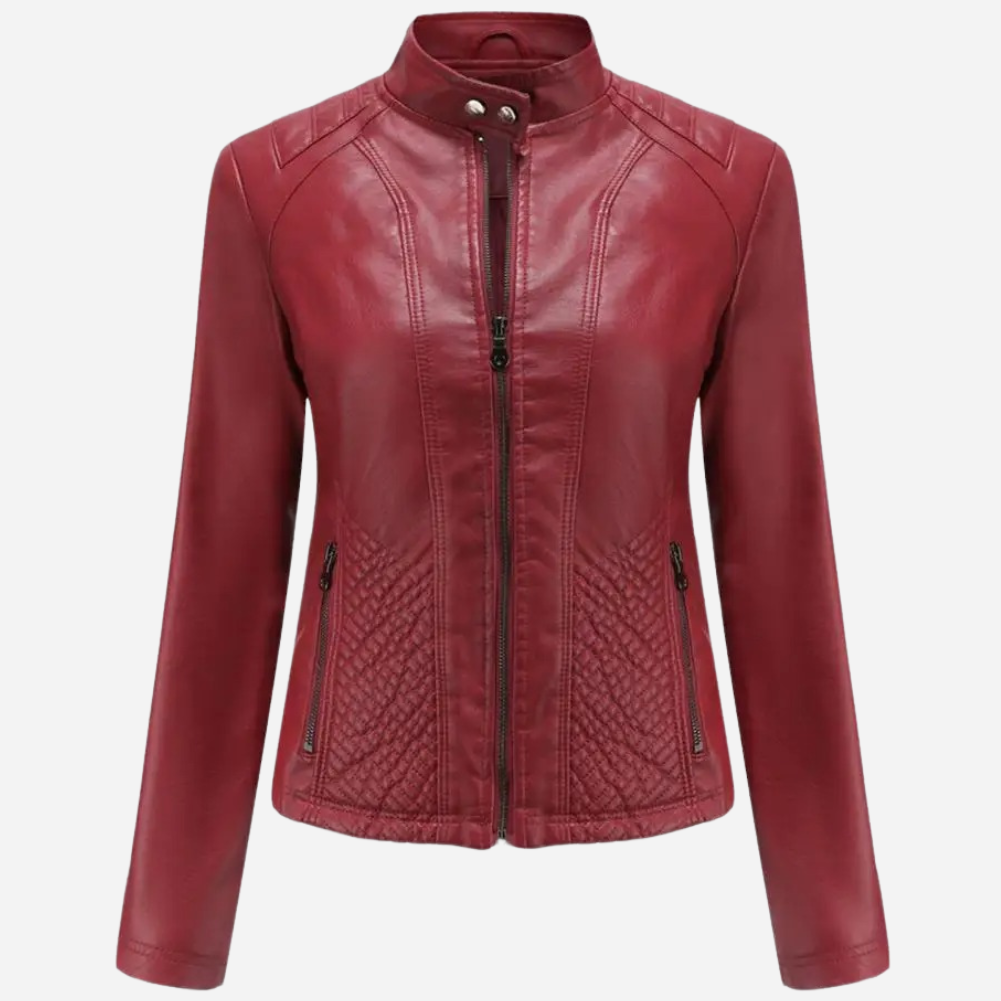 Veste en cuir femme – Coupe slim – Col montant – Panneaux matelassés – Zips poches