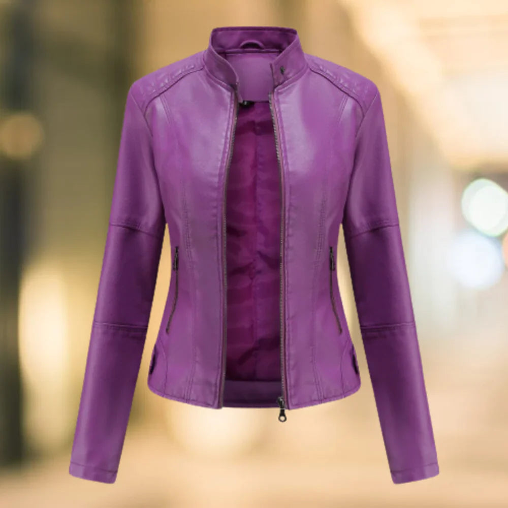 Veste en cuir femme – Coupe slim – Col montant – Fermeture zippée – Longueur taille