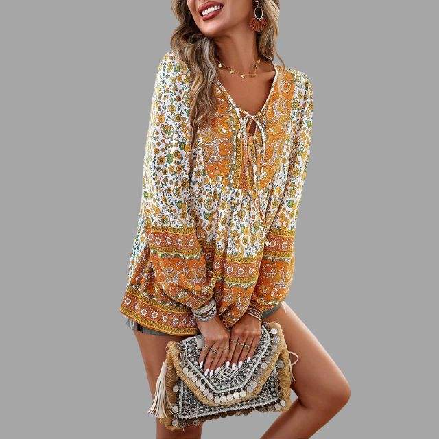 Blouse Femme - Style Bohème - Manches Longues - Col V avec Lien - Coupe Ample