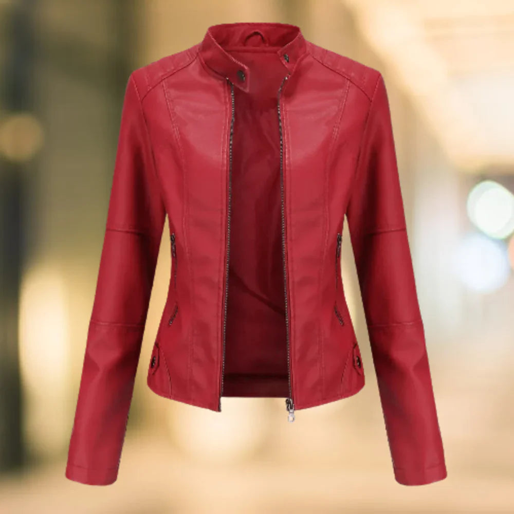 Veste en cuir femme – Coupe slim – Col montant – Fermeture zippée – Longueur taille
