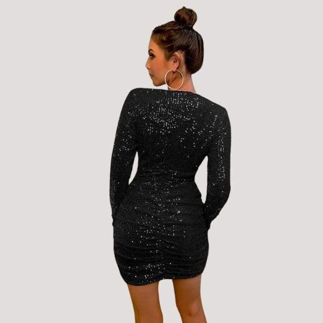 Robe Femme - Bodycon Mini - Manches Longues - Col V Profond - Sequins Brillants