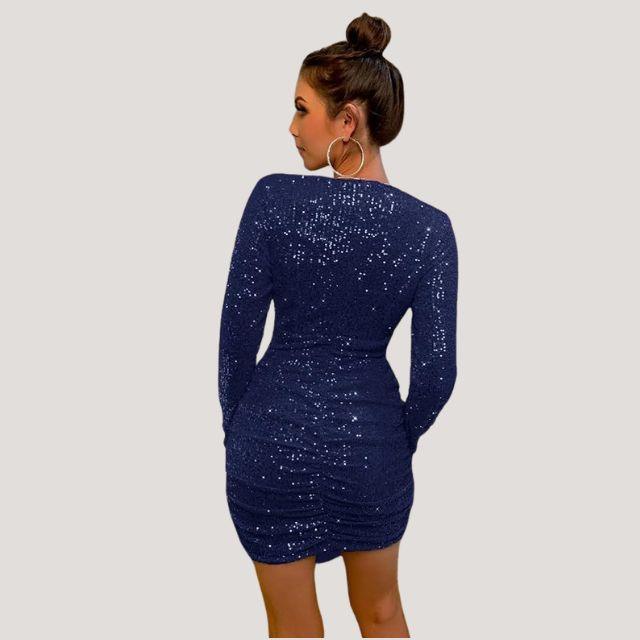 Robe Femme - Bodycon Mini - Manches Longues - Col V Profond - Sequins Brillants