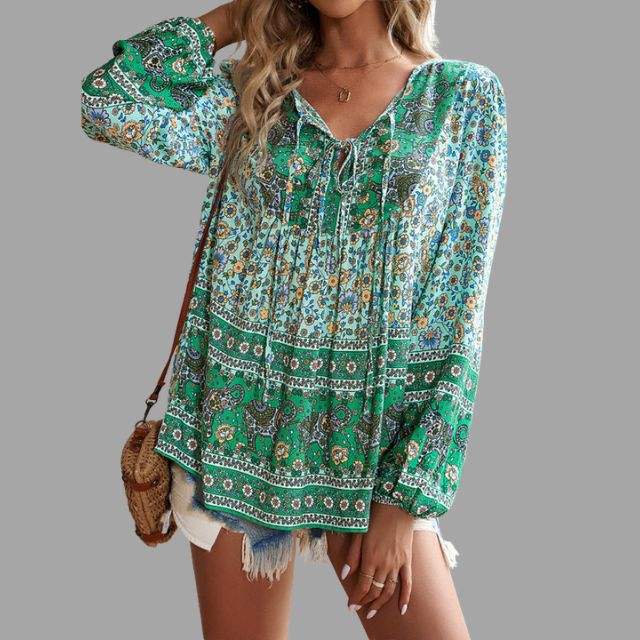 Blouse Femme - Style Bohème - Manches Longues - Col V avec Lien - Coupe Ample