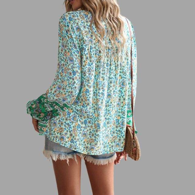Blouse Femme - Style Bohème - Manches Longues - Col V avec Lien - Coupe Ample