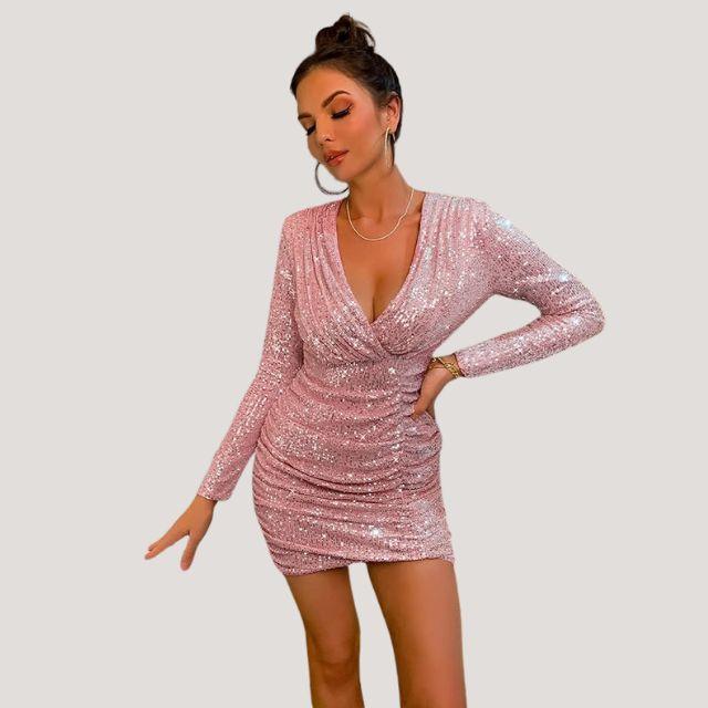 Robe Femme - Bodycon Mini - Manches Longues - Col V Profond - Sequins Brillants