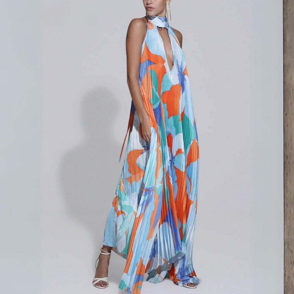 Robe Longue Femme – Style Plissé – Sans Manches – Col Halter Élégant – Motif Abstrait