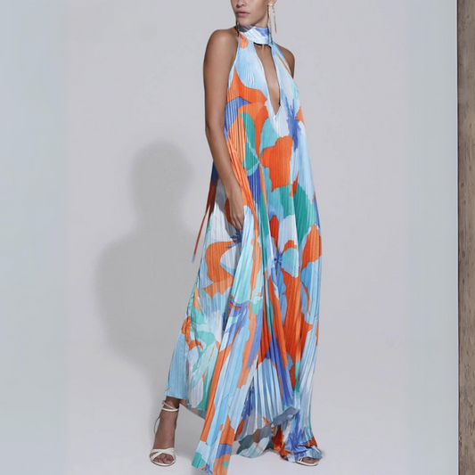 Robe Longue Femme – Style Plissé – Sans Manches – Col Halter Élégant – Motif Abstrait