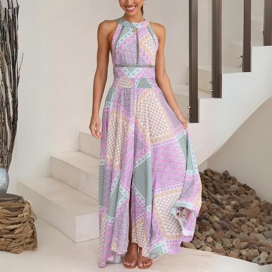 Robe Longue Femme - Sans Manches - Col Haut - Coupe Évasée - Motif Patchwork Fluide