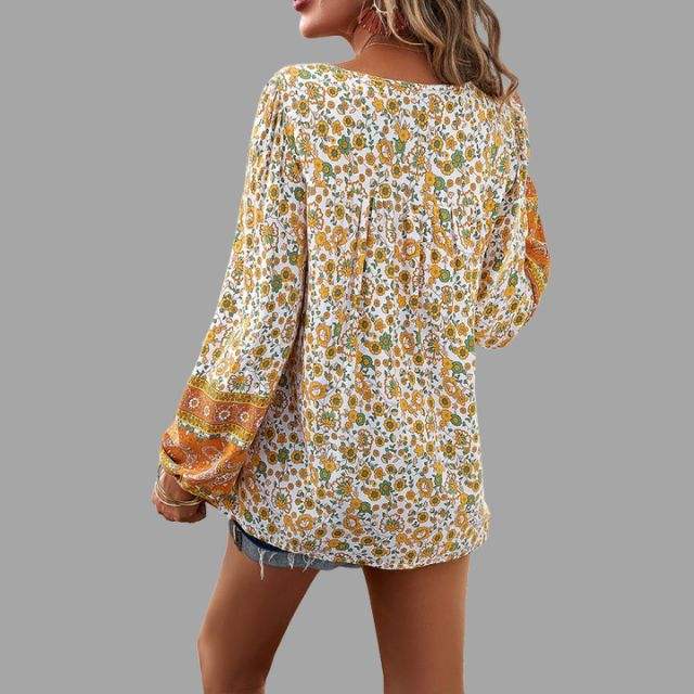 Blouse Femme - Style Bohème - Manches Longues - Col V avec Lien - Coupe Ample