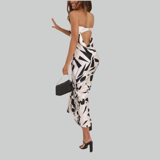 Robe Longue Femme - Sans Bretelles - Ajustée et Fluide - Motif Géométrique Élégant