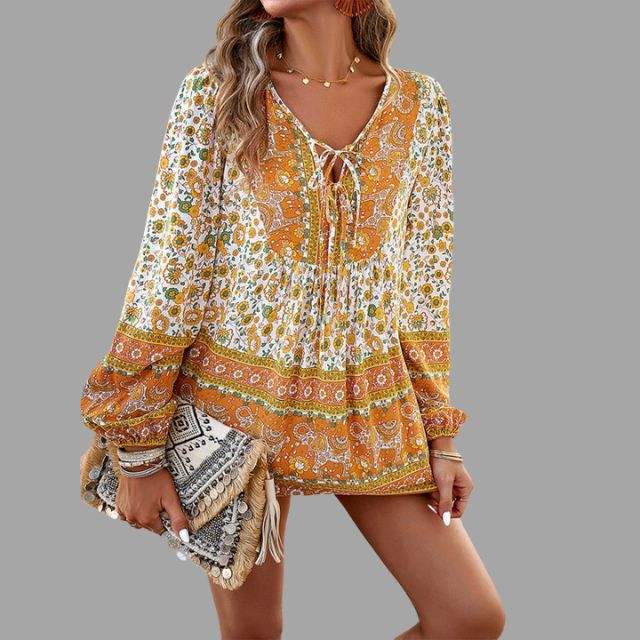Blouse Femme - Style Bohème - Manches Longues - Col V avec Lien - Coupe Ample