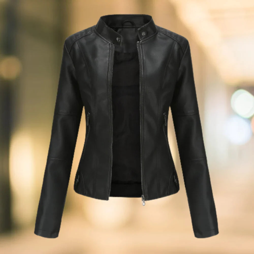 Veste en cuir femme – Coupe slim – Col montant – Fermeture zippée – Longueur taille