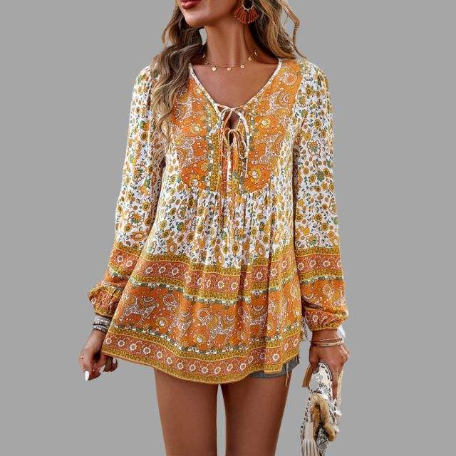 Blouse Femme - Style Bohème - Manches Longues - Col V avec Lien - Coupe Ample