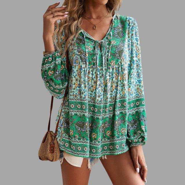 Blouse Femme - Style Bohème - Manches Longues - Col V avec Lien - Coupe Ample