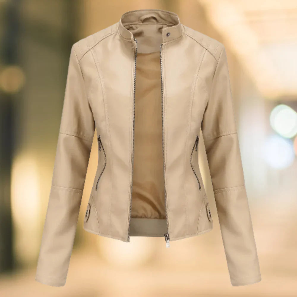Veste en cuir femme – Coupe slim – Col montant – Fermeture zippée – Longueur taille