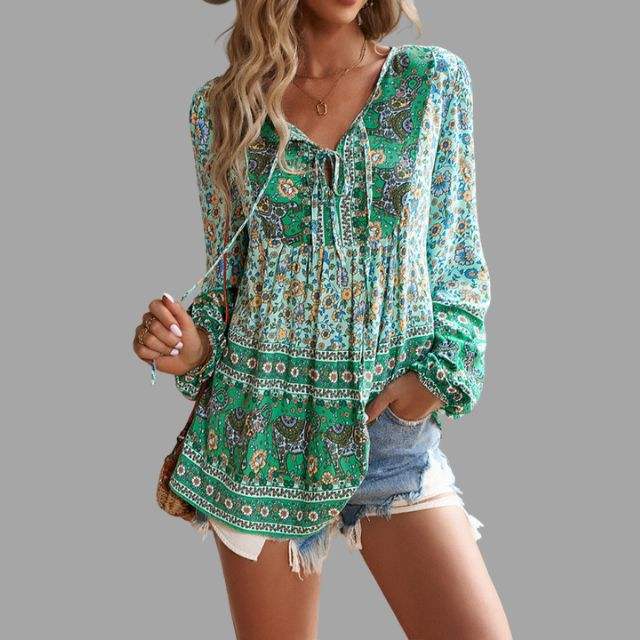 Blouse Femme - Style Bohème - Manches Longues - Col V avec Lien - Coupe Ample