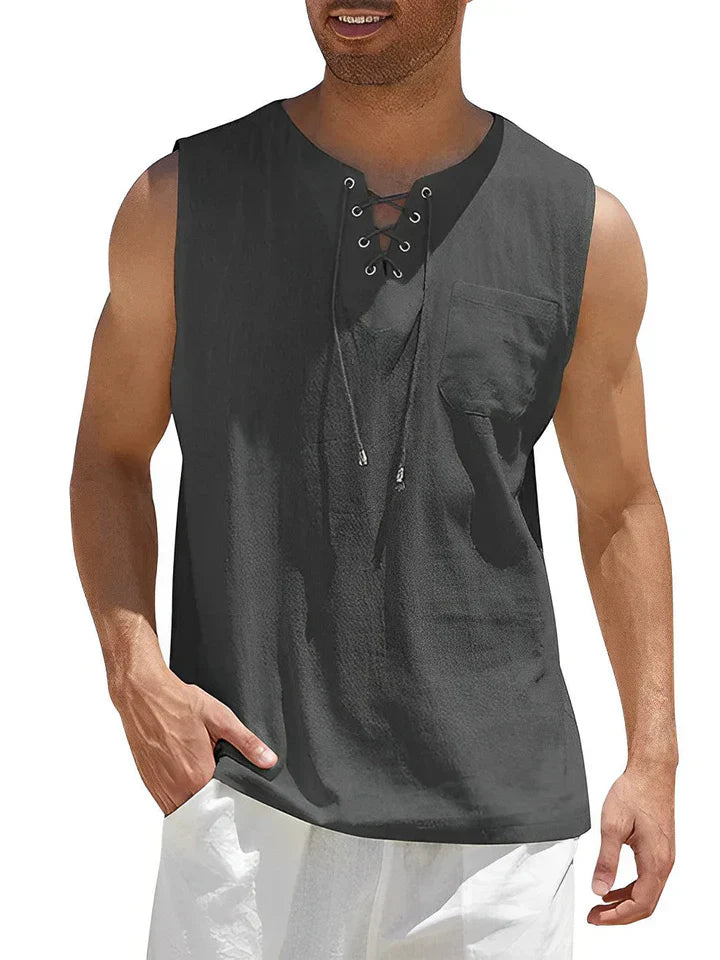 Débardeur homme – Coupe décontractée – Devant lacé – Poche poitrine – Tissu respirant
