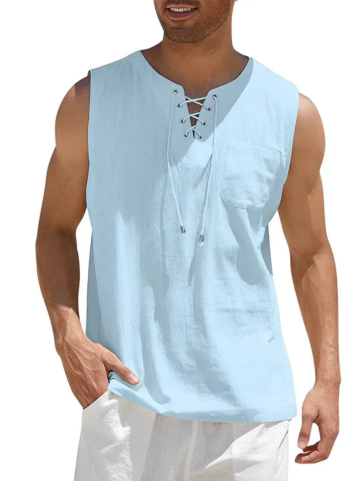 Débardeur homme – Coupe décontractée – Devant lacé – Poche poitrine – Tissu respirant
