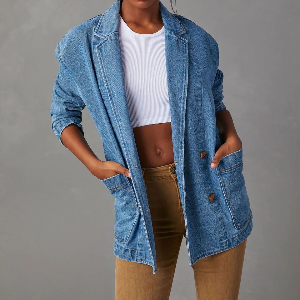 Veste en jean femme – Coupe décontractée – Col blazer – Fermeture boutonnée