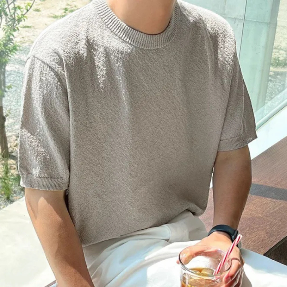 Pull homme en maille - Manches courtes - Col rond côtelé - Coupe décontractée