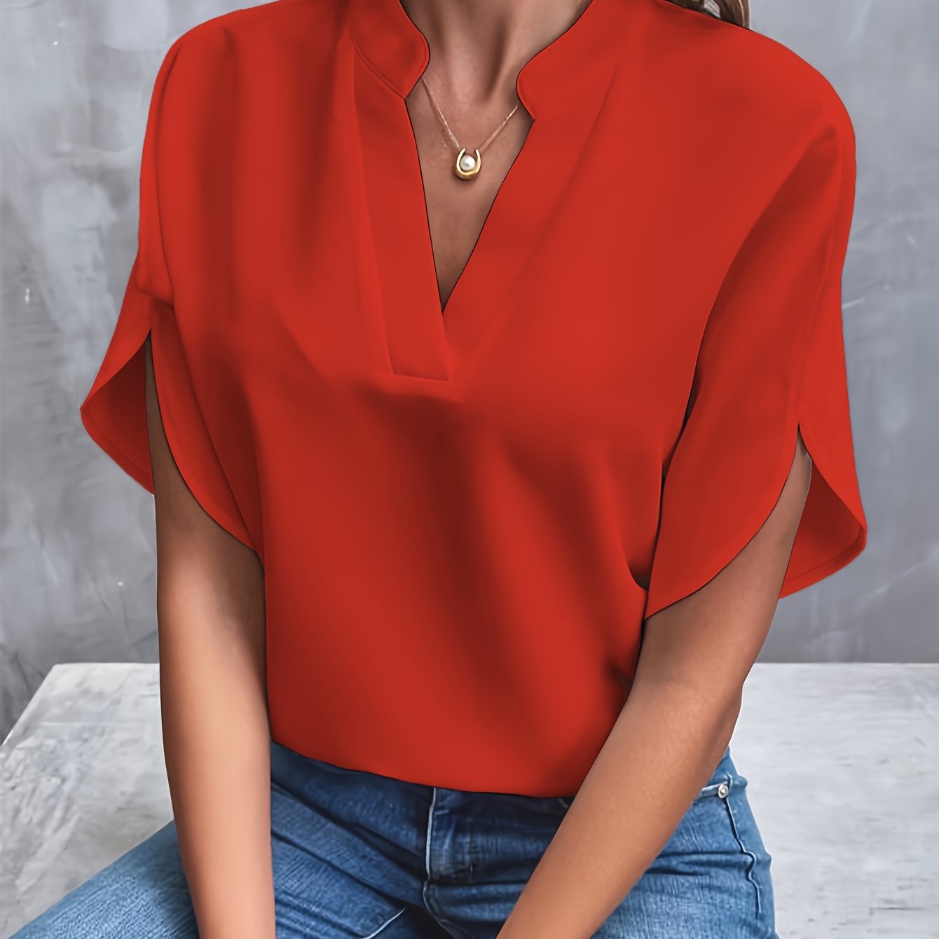 Blouse femme – Coupe décontractée – Tissu luxueux – Col V ajouré – Manches évasées