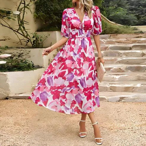 Robe Midi Femme - Imprimé Abstrait - Manches Courtes Bouffantes - Coupe Évasée - Col V