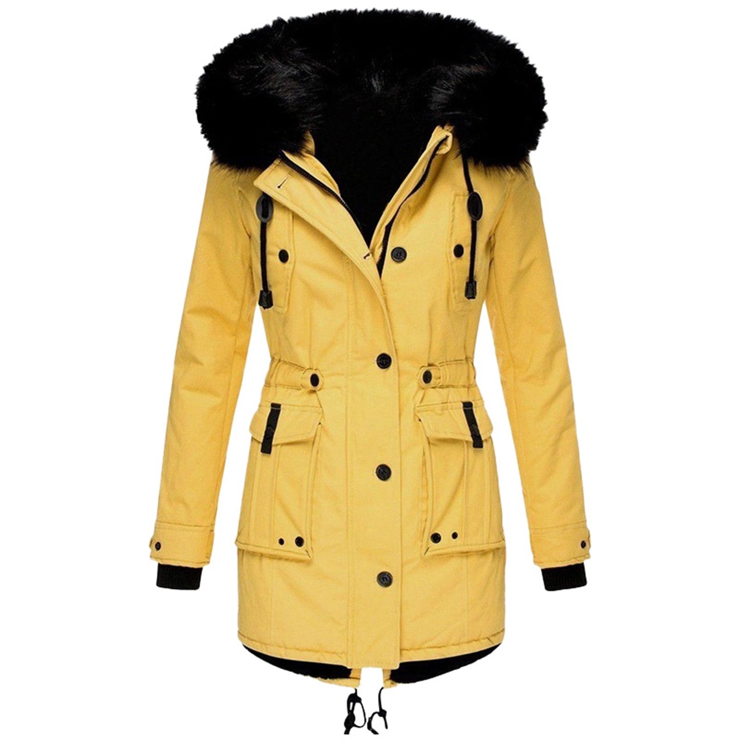 Manteau femme – Coupe cintrée – Capuche amovible en fausse fourrure – Longueur mi-cuisse