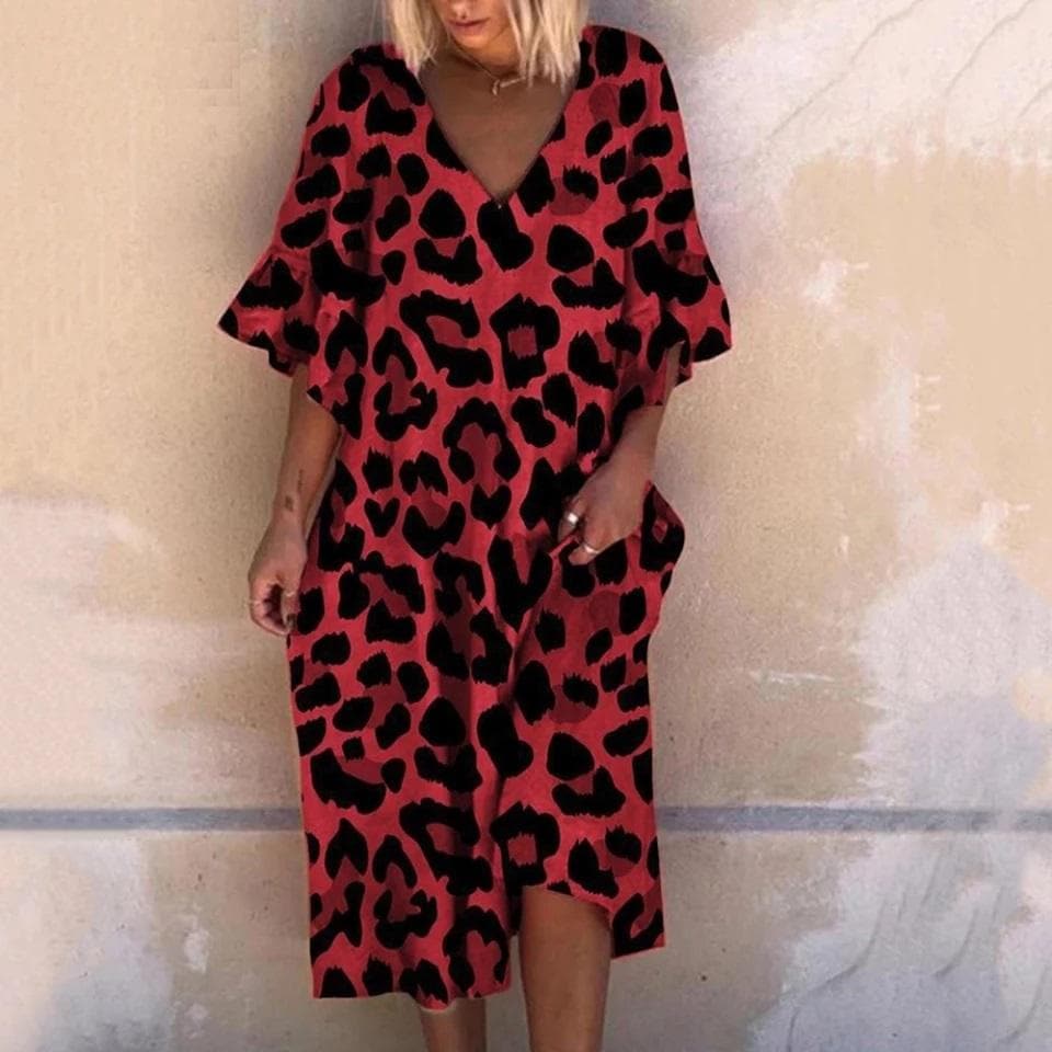 Robe longue élégante à imprimé léopard rouge pour femme