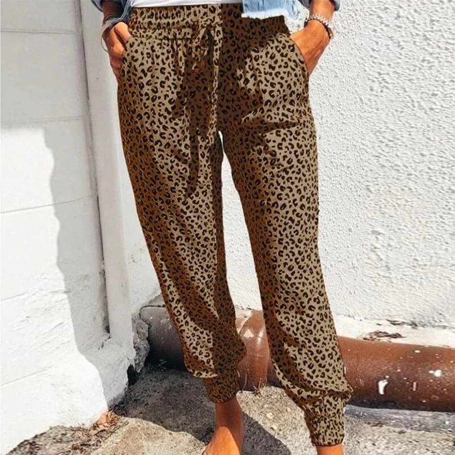 Pantalon Large Femme - Tissu Léger - Motif Léopard - Taille Élastique - Confort Décontracté