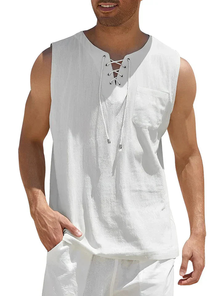 Débardeur homme – Coupe décontractée – Devant lacé – Poche poitrine – Tissu respirant