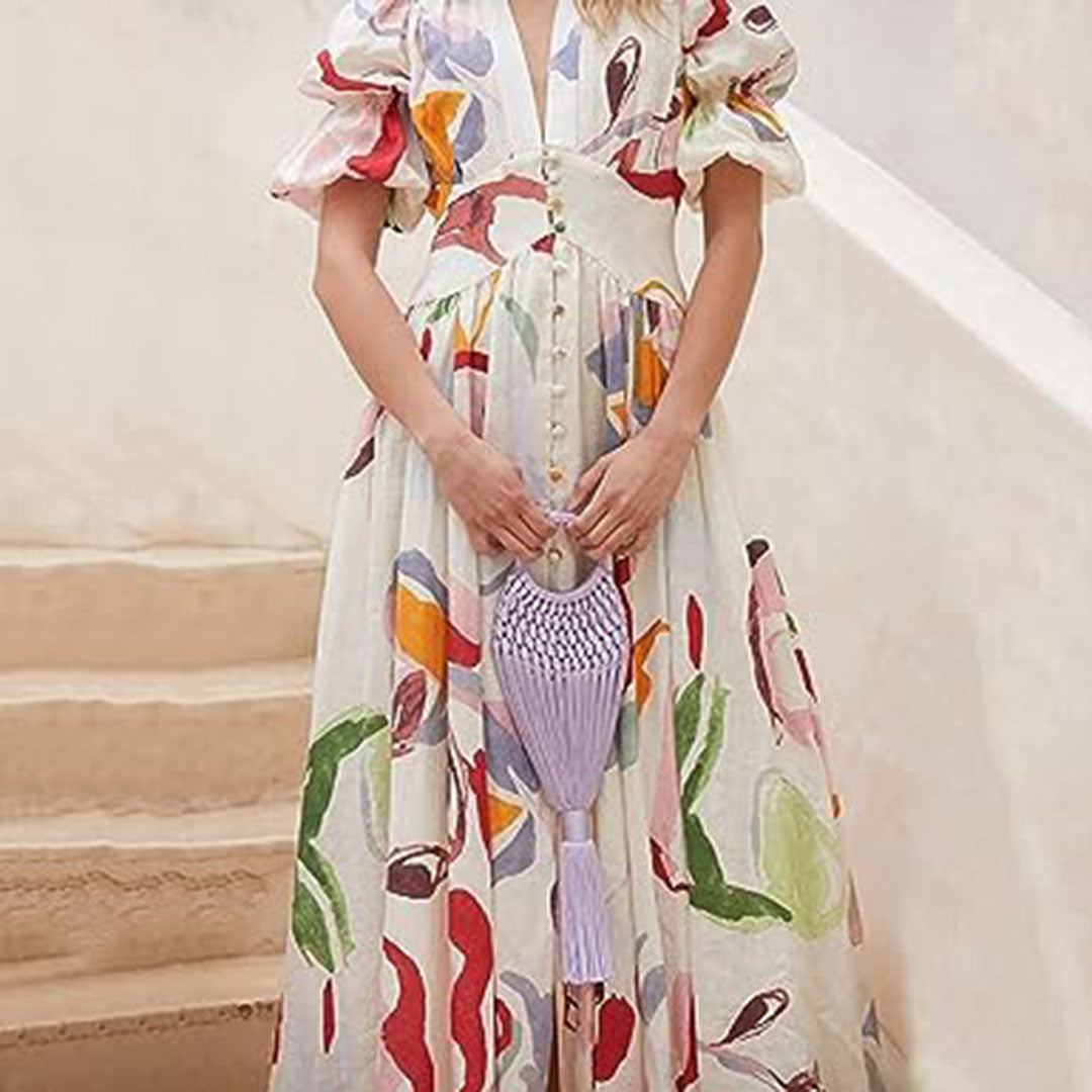 Robe Longue Femme - Imprimé Fleuri - Manches Bouffantes Courtes - Col V - Taille Cintrée