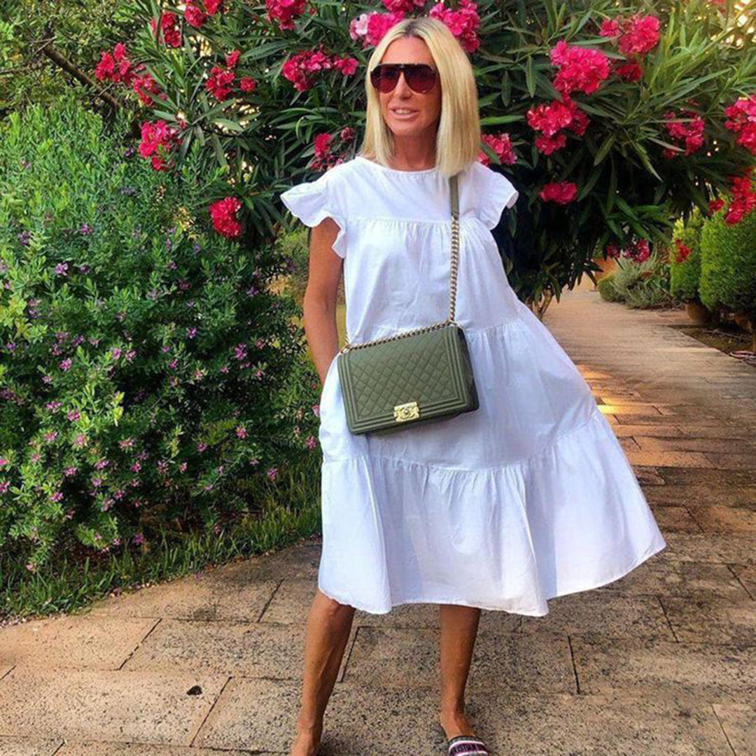 Robe Midi Femme - Coupe Évasée Confortable - Manches Courtes - Col Rond Élégant