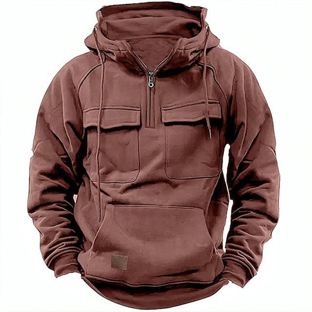 Sweat à capuche homme – Coupe décontractée – Coton – Demi-zip – Poches à rabat