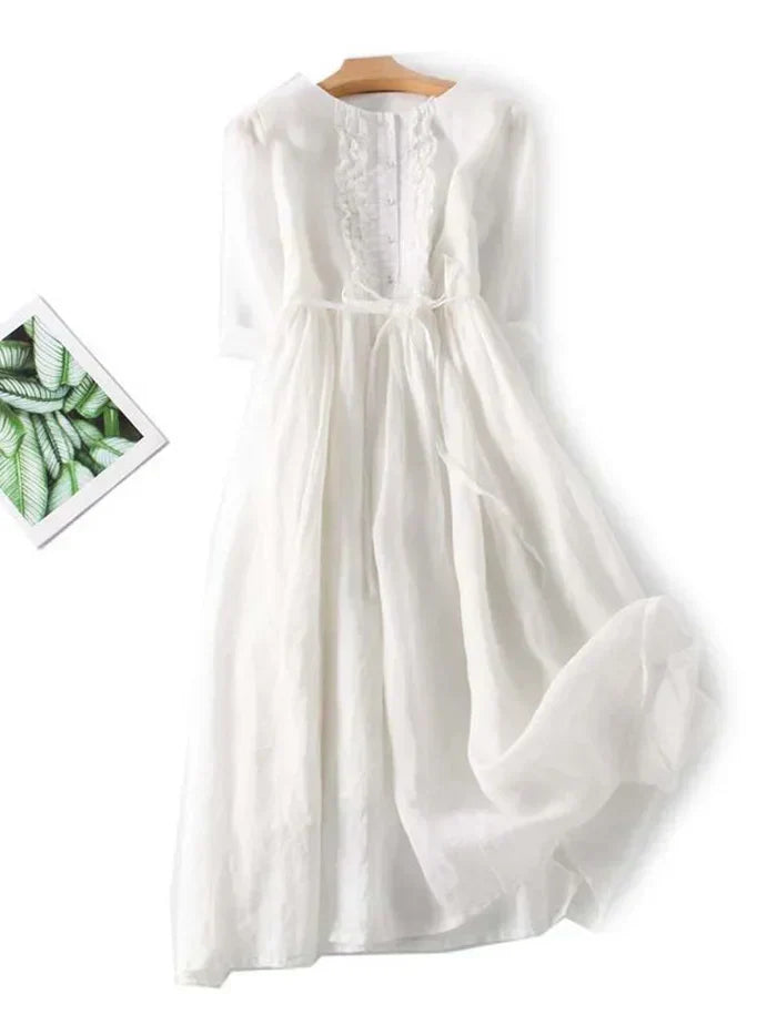 Robe midi femme – Fibres naturelles – Coupe évasée – Boutonnée – Ceinture – Volants