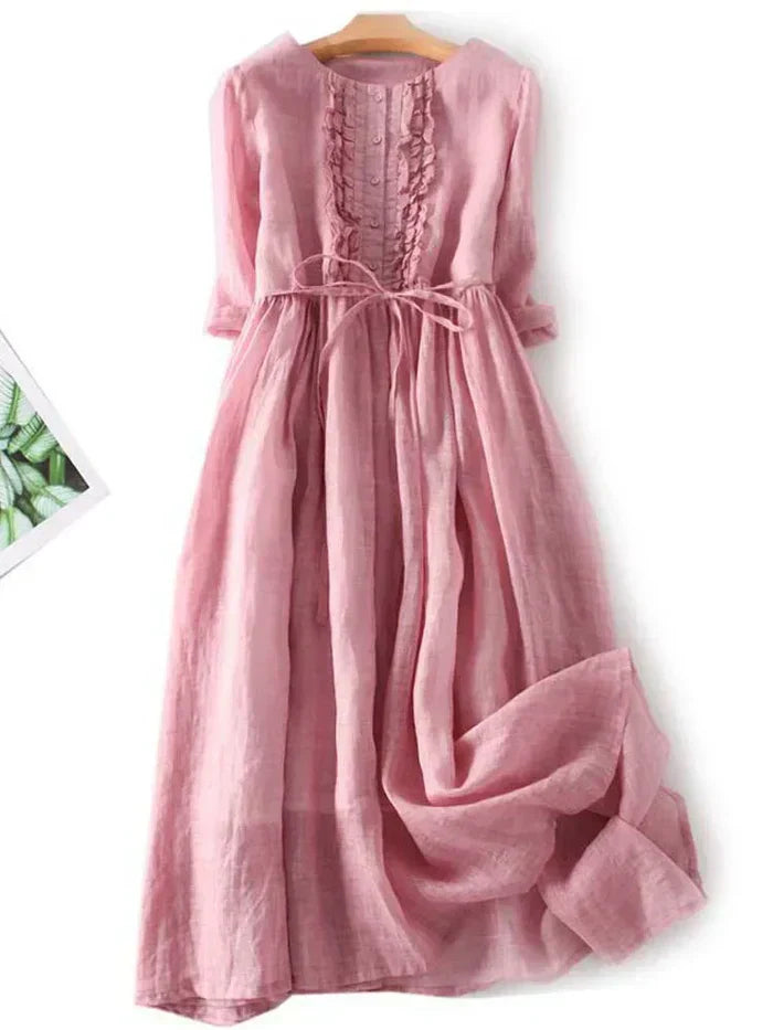 Robe midi femme – Fibres naturelles – Coupe évasée – Boutonnée – Ceinture – Volants