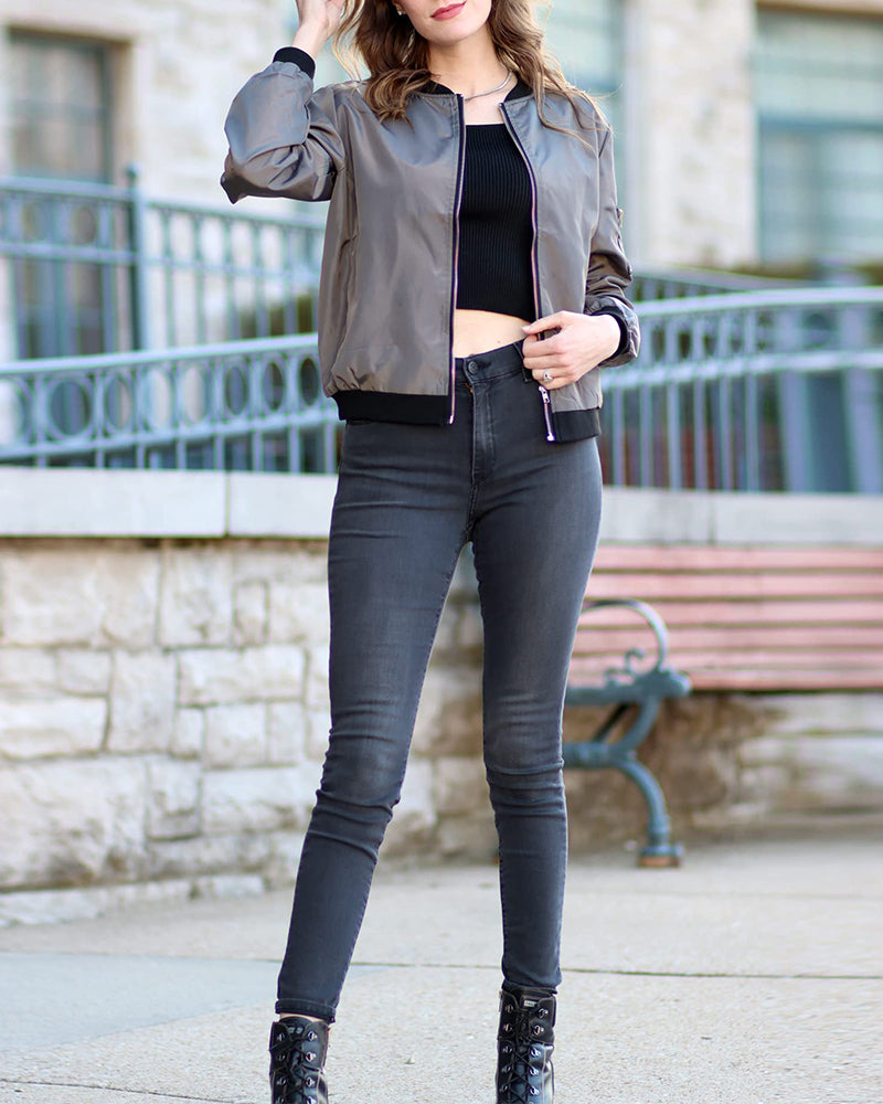Blouson bomber femme – Coupe décontractée – Matière légère – Finition côtelée zip