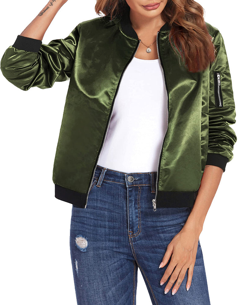 Blouson bomber femme – Coupe décontractée – Matière légère – Finition côtelée zip