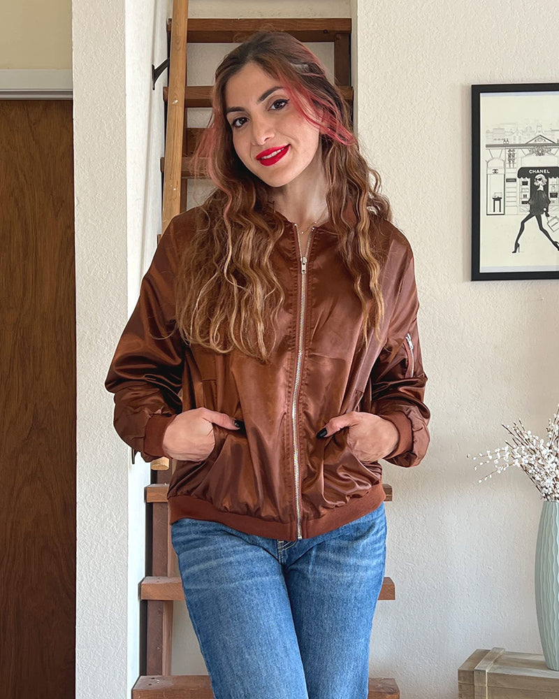 Blouson bomber femme – Coupe décontractée – Matière légère – Finition côtelée zip