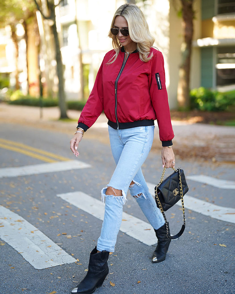 Blouson bomber femme – Coupe décontractée – Matière légère – Finition côtelée zip