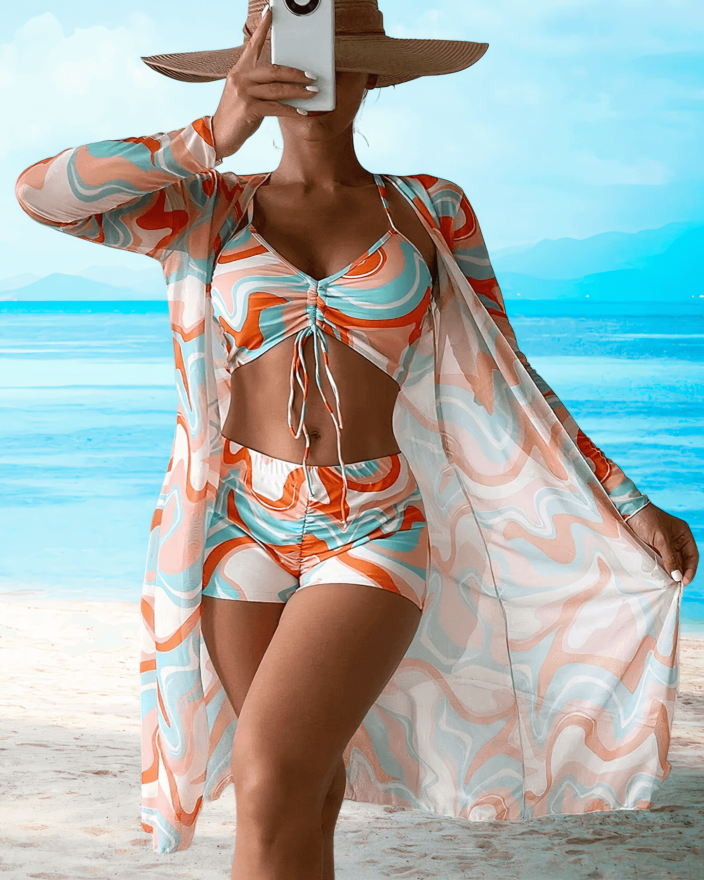 Ensemble de Plage Femme - Bikini Top Halter - Short Taille Haute - Kimono Long Fluide