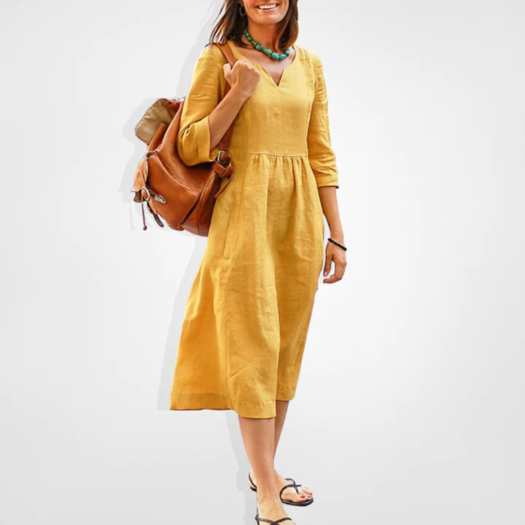 Robe Midi Femme - Tissu Léger Respirant - Col V - Manches 3/4 - Taille Froncée