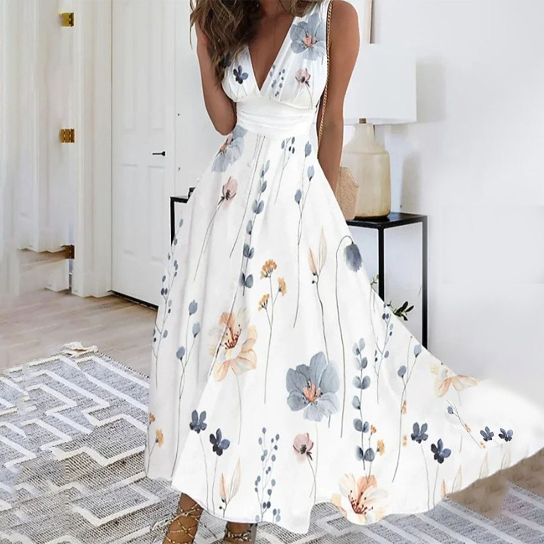 Robe longue femme – Tissu respirant – Sans manches – Décolleté en V – Imprimé fleuri